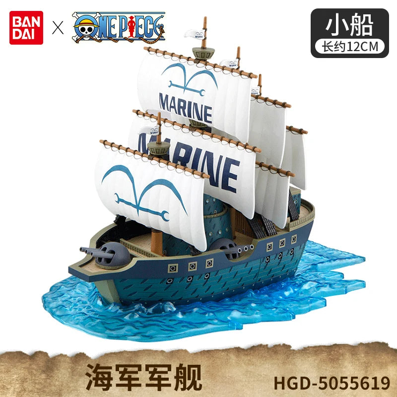 Figurine bateau One Piece avec voiles blanches et détails en miniatures sur une base d'eau bleue