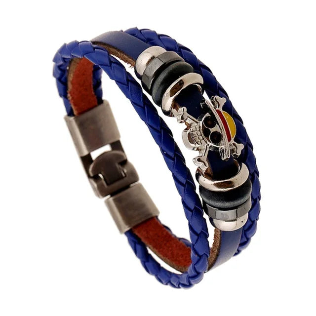 Bracelet chapeau de paille One Piece en cuir tressé bleu avec logo de Luffy