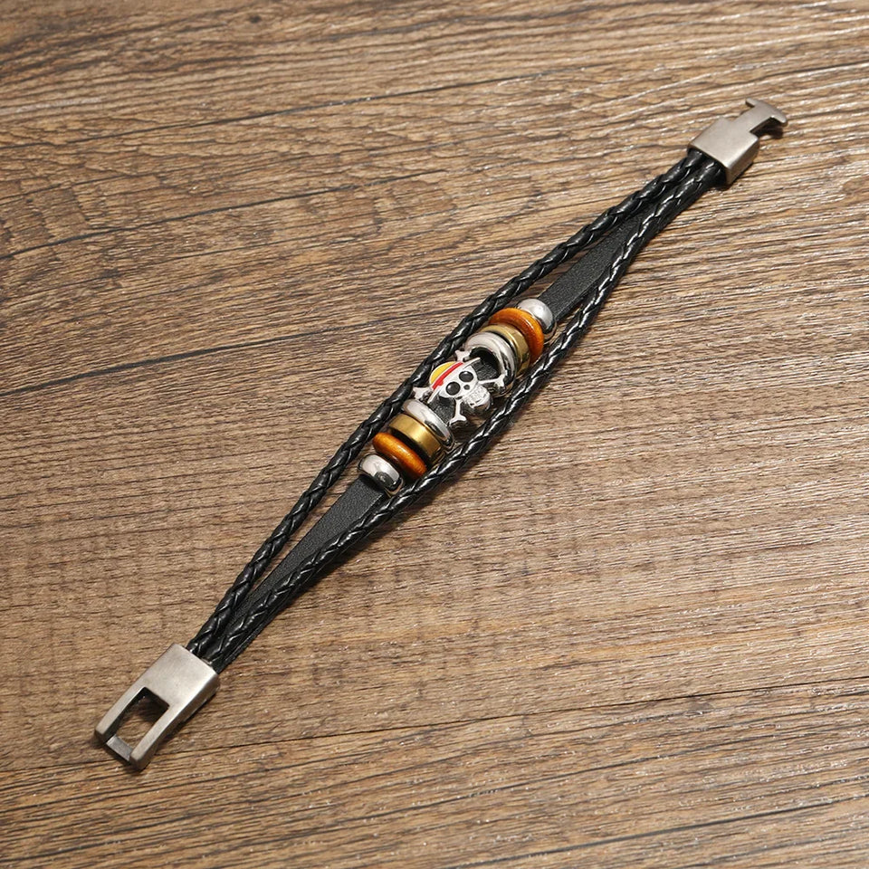 Bracelet chapeau de paille One Piece avec motif de crâne et perles en bois pour les fans d'animé