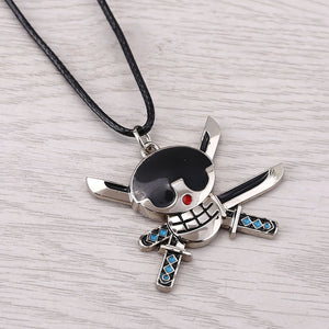 Collier One Piece avec pendentif en métal représentant un personnage de pirate et épées