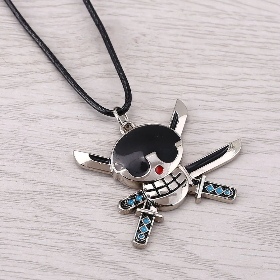 Collier One Piece avec pendentif en métal représentant un personnage de pirate et épées