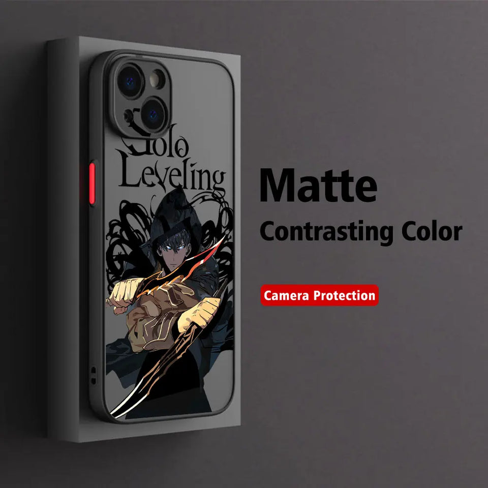 Coque iPhone Solo Leveling en noir mat avec protection de caméra et design attrayant