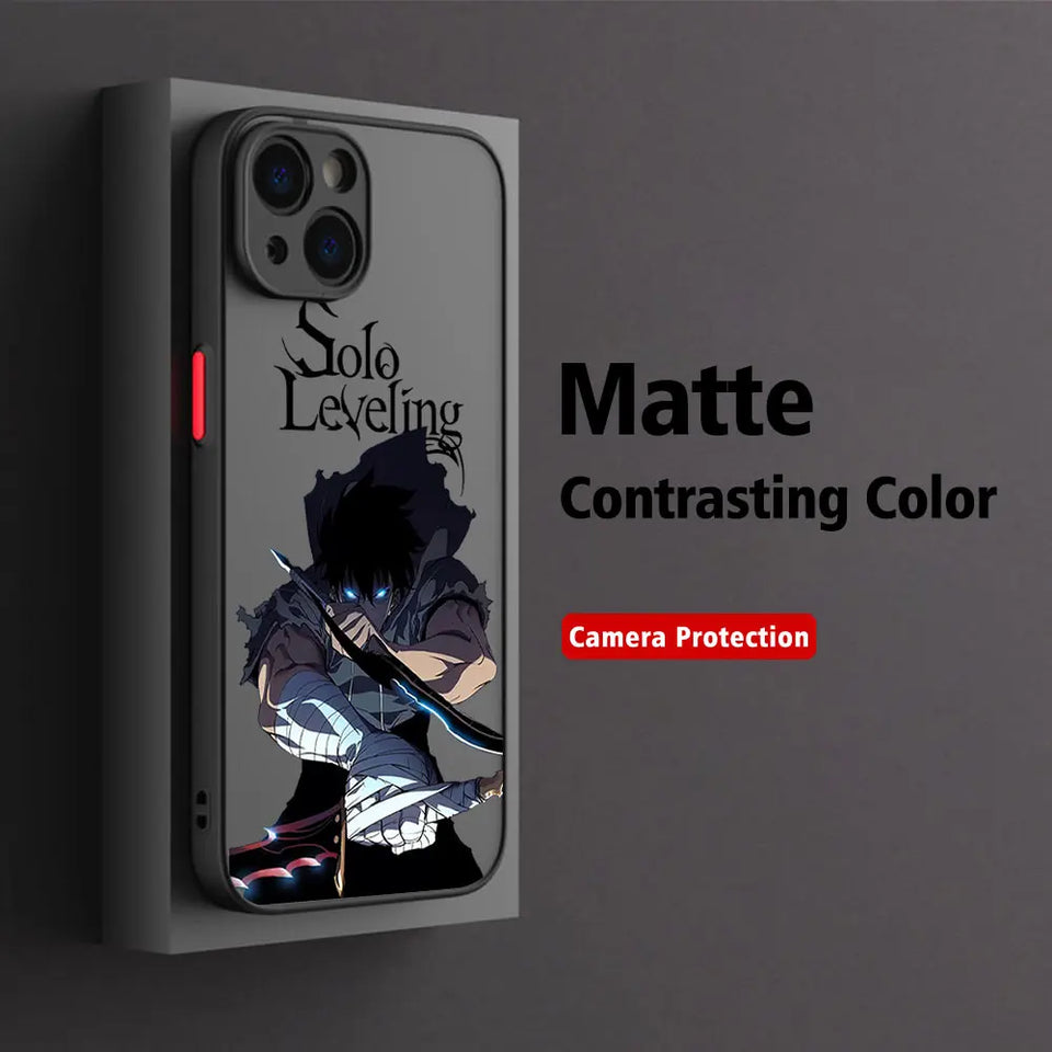 Coque iPhone Solo Leveling avec protection de caméra et finition mate en couleur contrastante