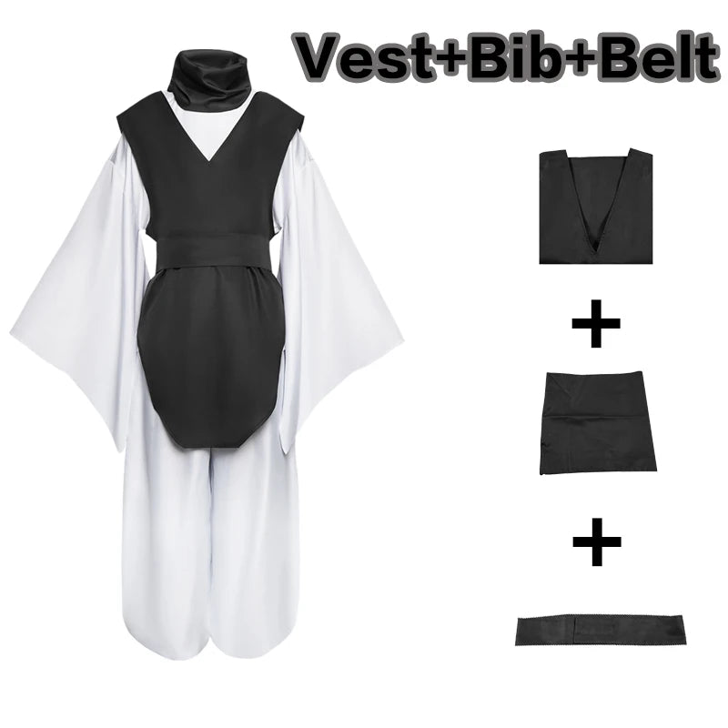 Costume Choso Jujutsu Kaisen comprenant un gilet, un bavoir et une ceinture en noir et blanc