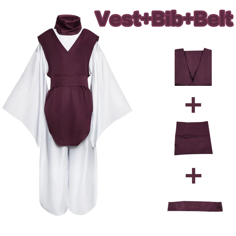 Costume Choso Jujutsu Kaisen avec veste, bavoir et ceinture en blanc et bordeaux