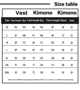 Table des tailles pour costume Choso Jujutsu Kaisen avec des mesures précises pour chaque taille