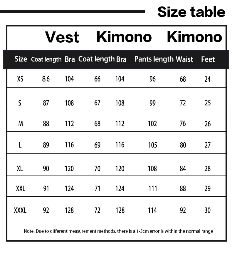 Table des tailles pour costume Choso Jujutsu Kaisen avec des mesures précises pour chaque taille