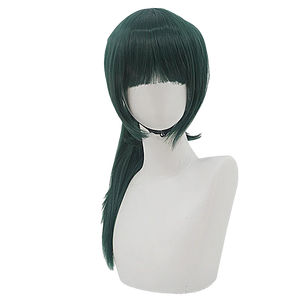 Perruque verte pour costume cosplay Maki Zenin avec frange droite et longueur moyenne