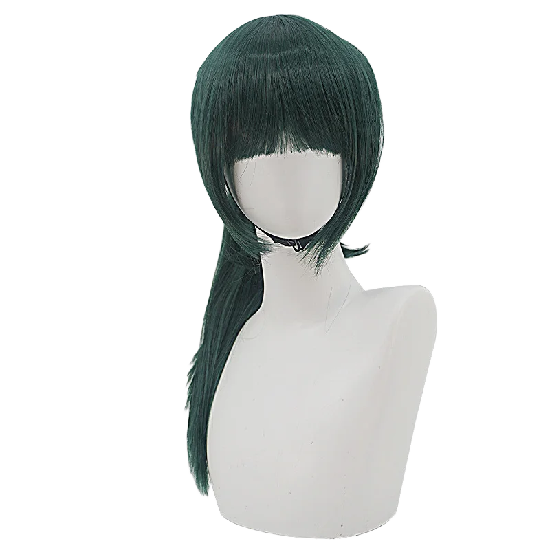 Perruque verte pour costume cosplay Maki Zenin avec frange droite et longueur moyenne
