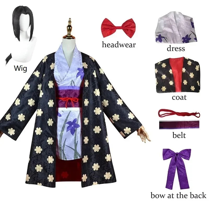 Costume Kimono One Piece Robin avec robe, ceinture, manteau, et accessoires inclus