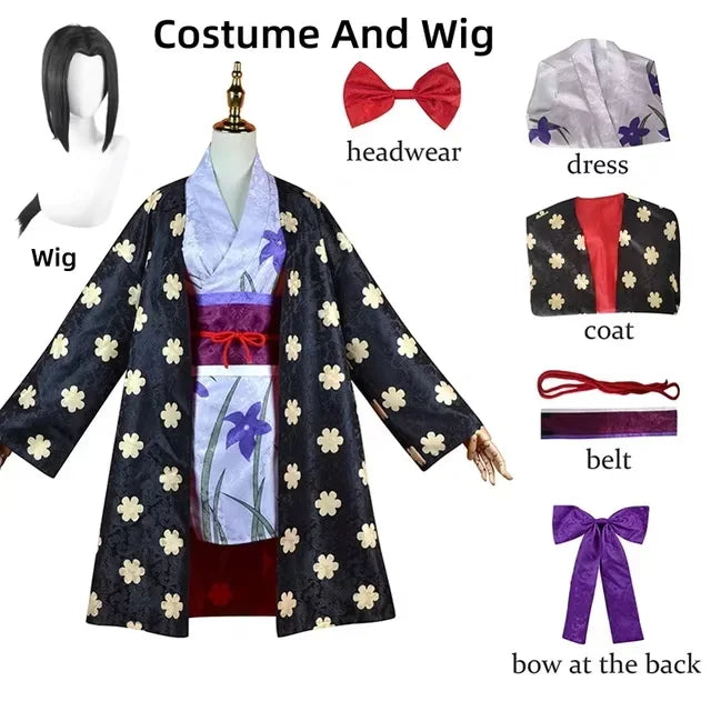 Costume Kimono One Piece Robin avec perruque, ceinture et accessoires pour fans de cosplay