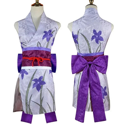 Costume Kimono One Piece Robin avec motif violet et ceinture rouge, parfait pour les fans d'Anime