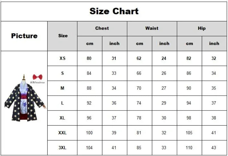 Tableau des tailles pour le costume Kimono One Piece Robin d'Eterna Manga avec mesures précises