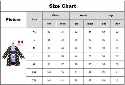 Tableau des tailles pour le costume Kimono One Piece Robin d'Eterna Manga avec mesures précises