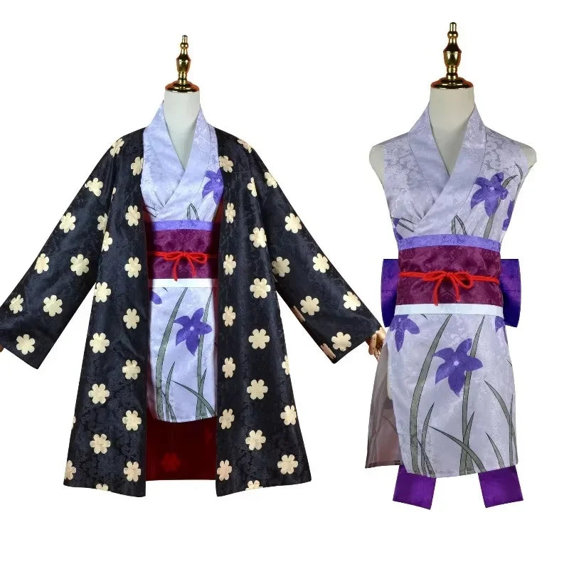 Costume Kimono One Piece Robin avec motifs de fleurs et ceinture colorée pour les fans d'animation