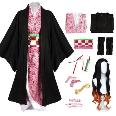 Costume Nezuko Kamado complet avec kimono rose, ceinture et perruque pour fans d'animés