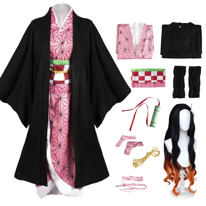 Costume Nezuko Kamado complet avec kimono rose, ceinture et perruque pour fans d'animés