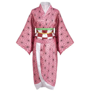Costume Nezuko Kamado en rose avec un motif géométrique pour les fans de l'anime