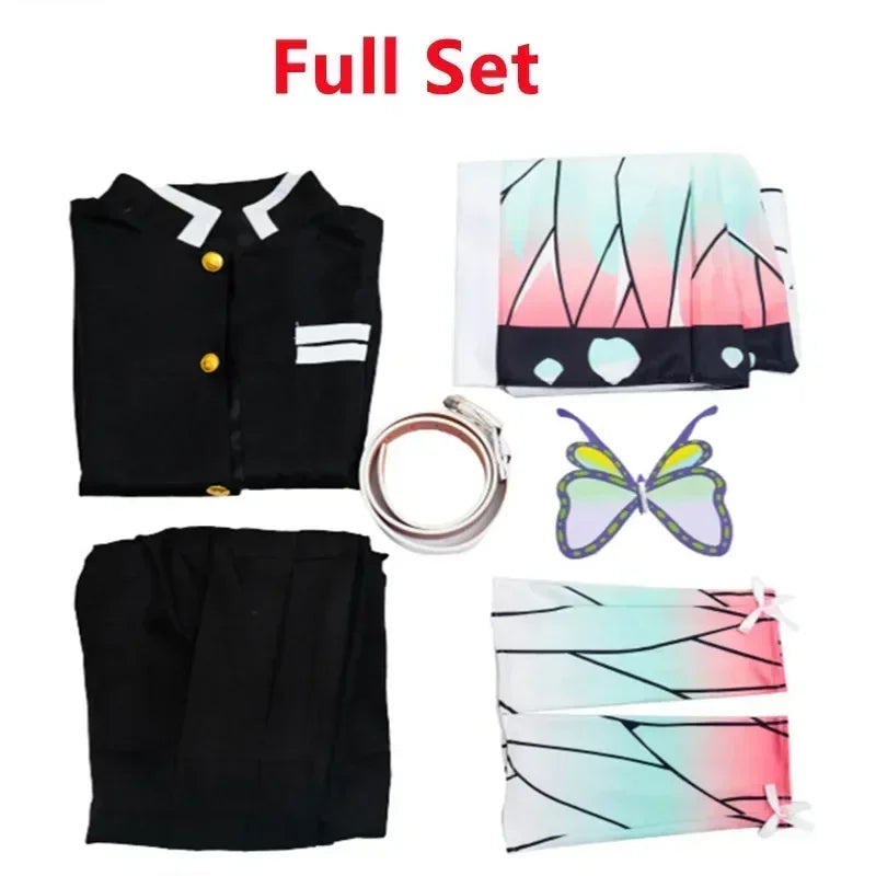 Costume Shinobu Kocho complet avec vêtements, écharpe et accessoires colorés pour les fans d'anime