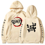 Sweat à capuche Demon Slayer en beige avec logo sur le devant et motifs sur les manches