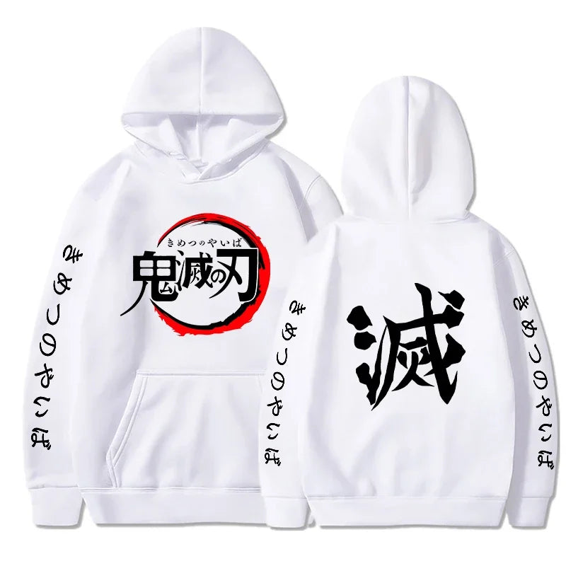 Sweat à capuche Demon Slayer blanc avec logo sur le devant et motifs japonais au dos