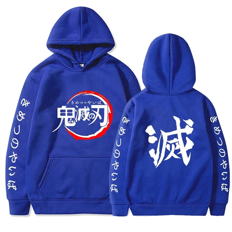 Sweat à capuche Demon Slayer en bleu avec logo et inscriptions sur les manches et le dos