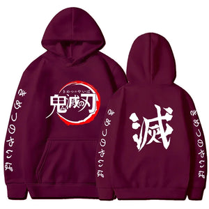 Sweat à capuche Demon Slayer en bordeaux avec illustrations à l'avant et à l'arrière