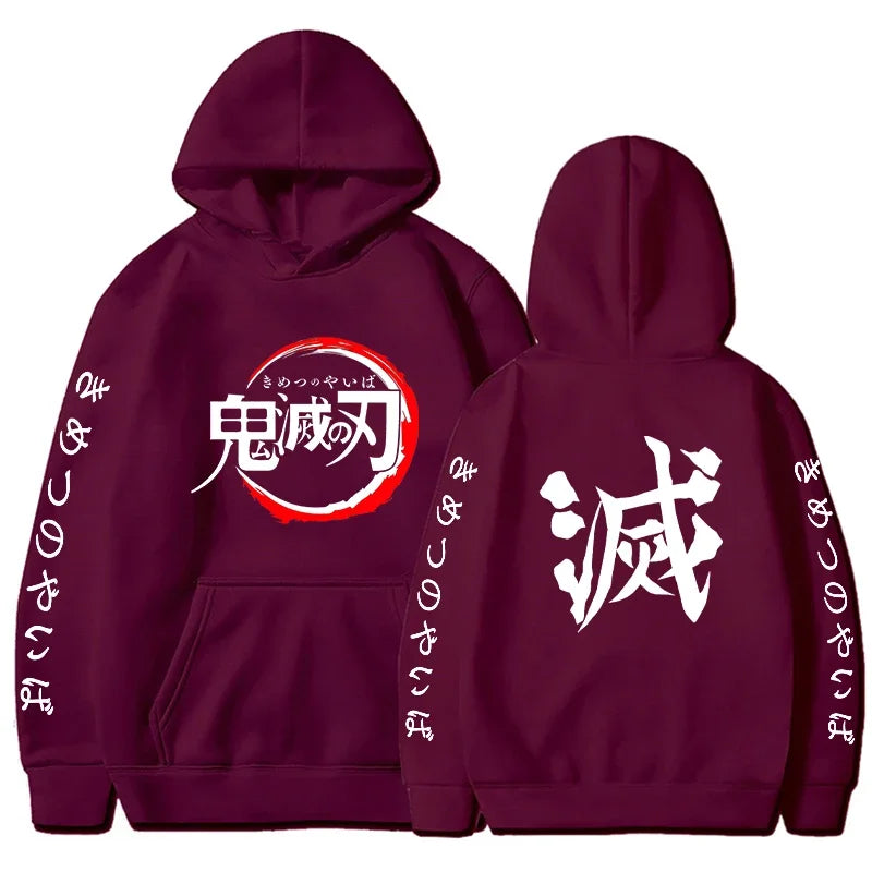 Sweat à capuche Demon Slayer en bordeaux avec illustrations à l'avant et à l'arrière