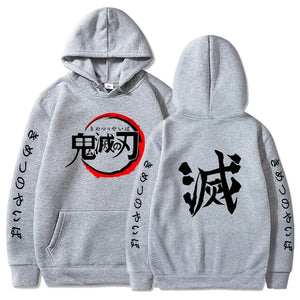 Sweat à capuche Demon Slayer gris avec logo et motifs en kanji sur les manches