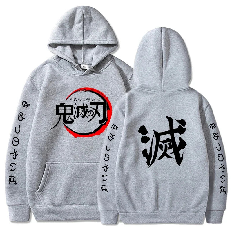 Sweat à capuche Demon Slayer gris avec logo et motifs en kanji sur les manches