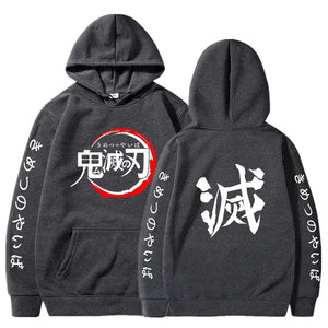 Sweat à capuche Demon Slayer en gris avec logo sur le devant et design stylisé au dos