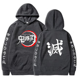 Sweat à capuche Demon Slayer en gris avec logo sur le devant et design stylisé au dos