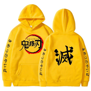 Sweat à capuche Demon Slayer en jaune avec motif sur le devant et le dos, parfait pour les fans d'animation.
