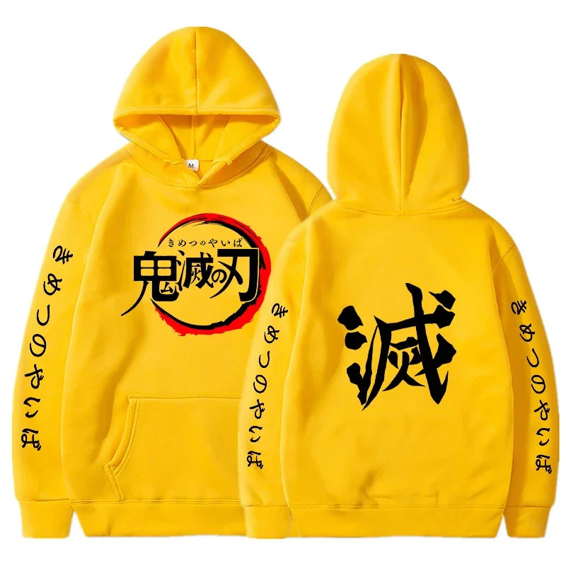 Sweat à capuche Demon Slayer en jaune avec motif sur le devant et le dos, parfait pour les fans d'animation.