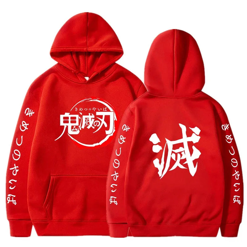 Sweat à capuche Demon Slayer rouge avec logo brodé et écriture sur les manches pour les fans d'anime