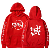 Sweat à capuche Demon Slayer rouge avec logo brodé et écriture sur les manches pour les fans d'anime
