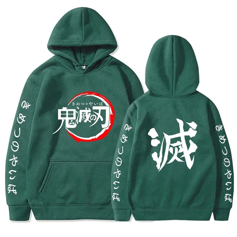 Sweat à capuche Demon Slayer vert avec logo avant et motif dans le dos, style anime tendance