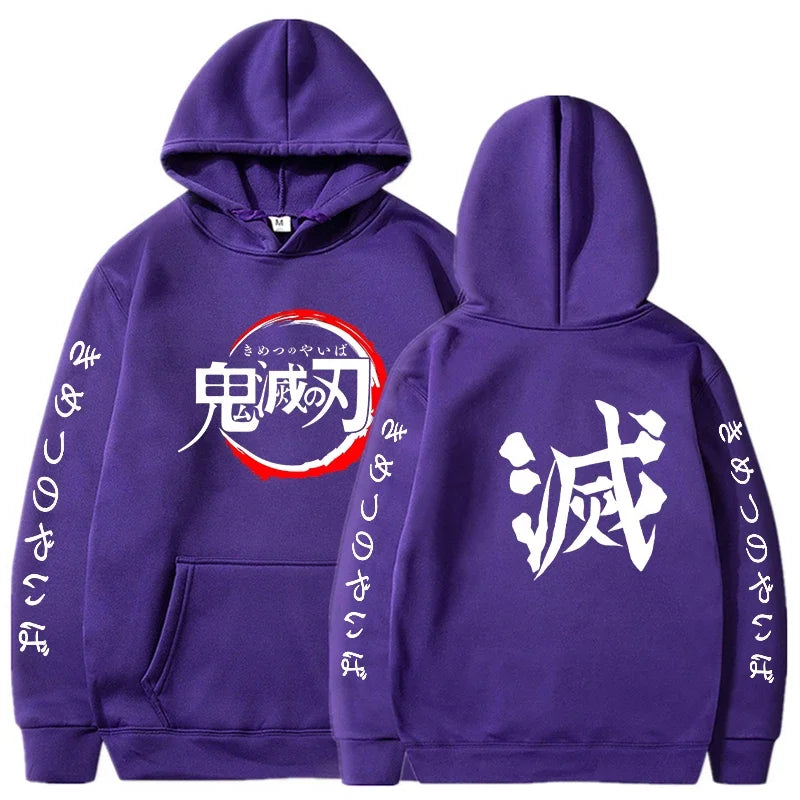 Sweat à capuche Demon Slayer en violet avec logo et inscriptions japonaises sur les manches