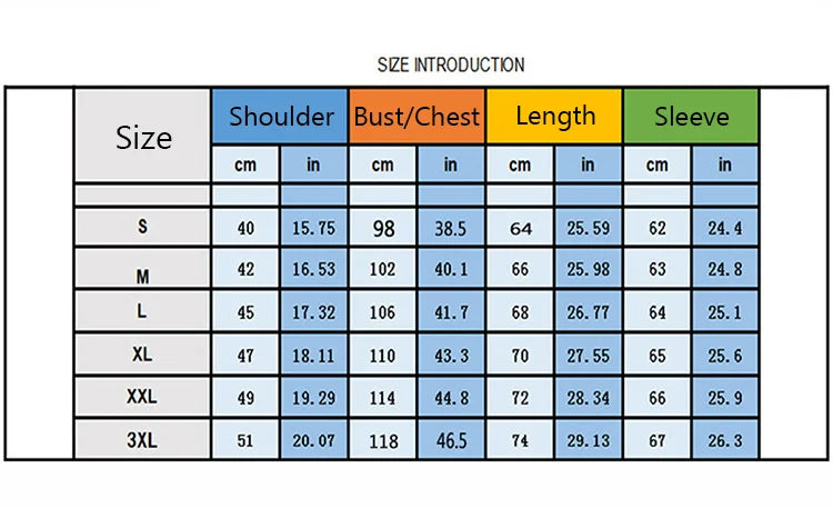 Tableau des tailles pour sweat à capuche Demon Slayer d'Eterna, indiquant les dimensions en cm et inches