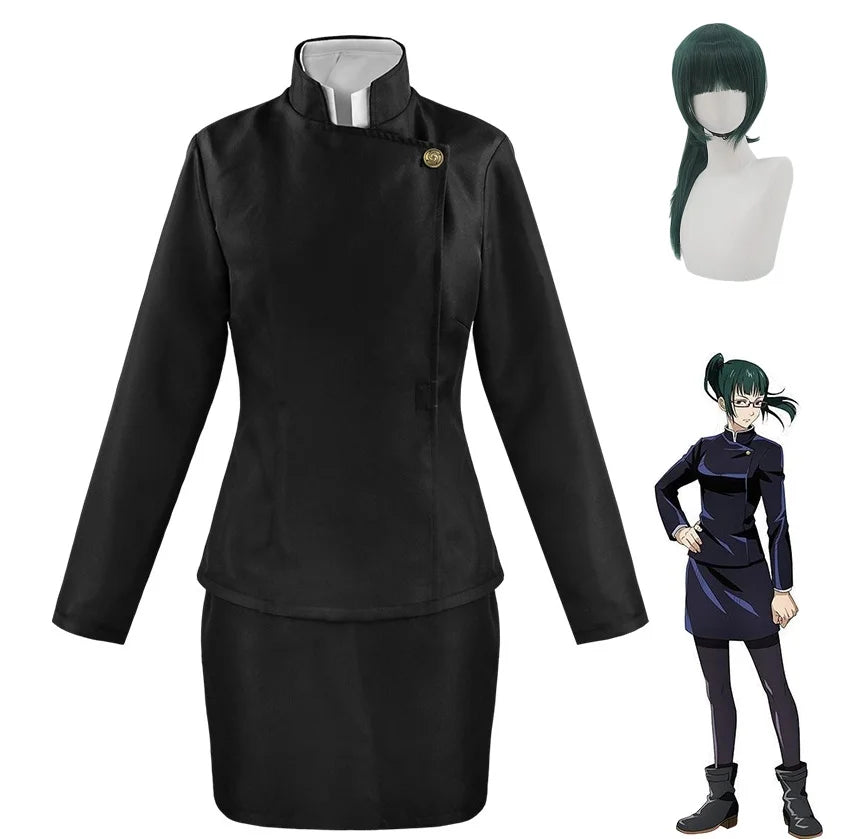 Set cosplay Maki Zenin Jujutsu Kaisen – top, jupe et perruque polyester unisexe