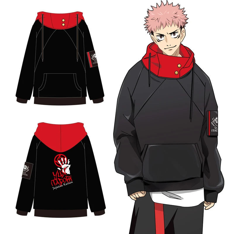 Ensemble cosplay Jujutsu Kaisen avec sweat à capuche noir et rouge, style manga, pour fans d'animation japonaise