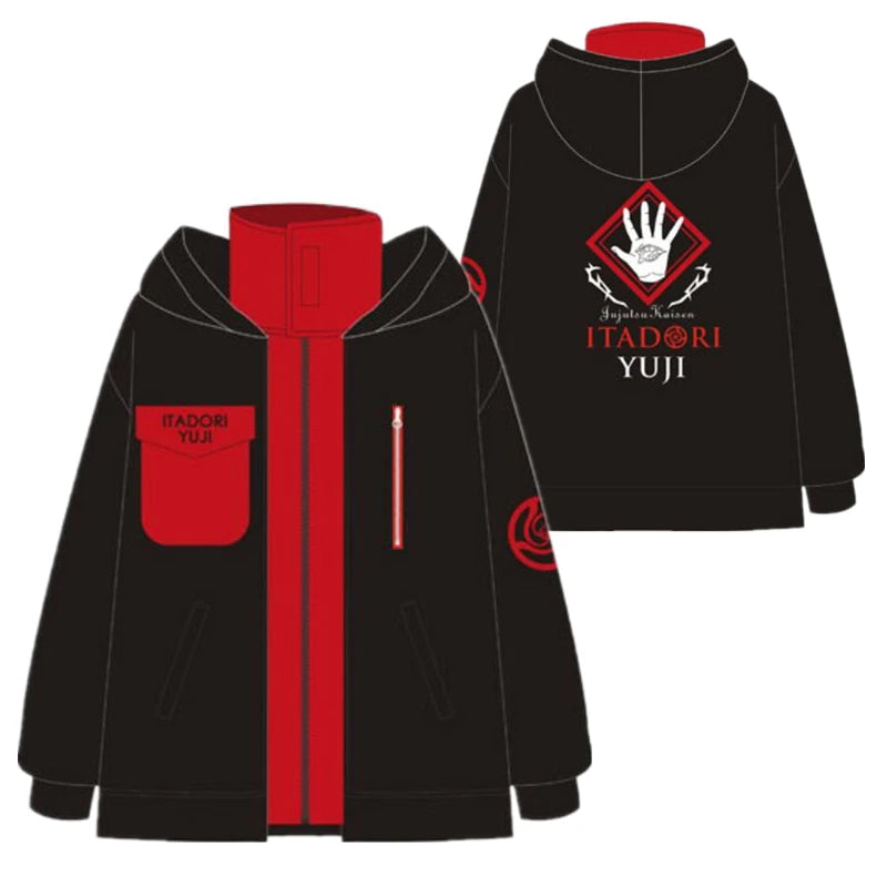 Veste noire avec capuche pour ensemble cosplay Jujutsu Kaisen, design Itadori Yuji avec poches rouges