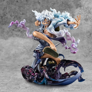 Figurine Luffy Gear 5 en action avec des effets de mouvement colorés et détaillés