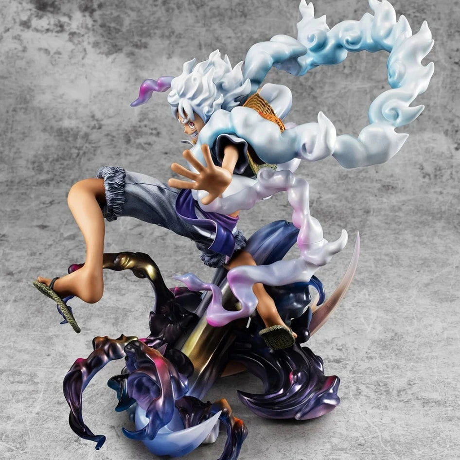 Figurine Luffy Gear 5 en action avec des effets de nuages colorés et détails impressionnants