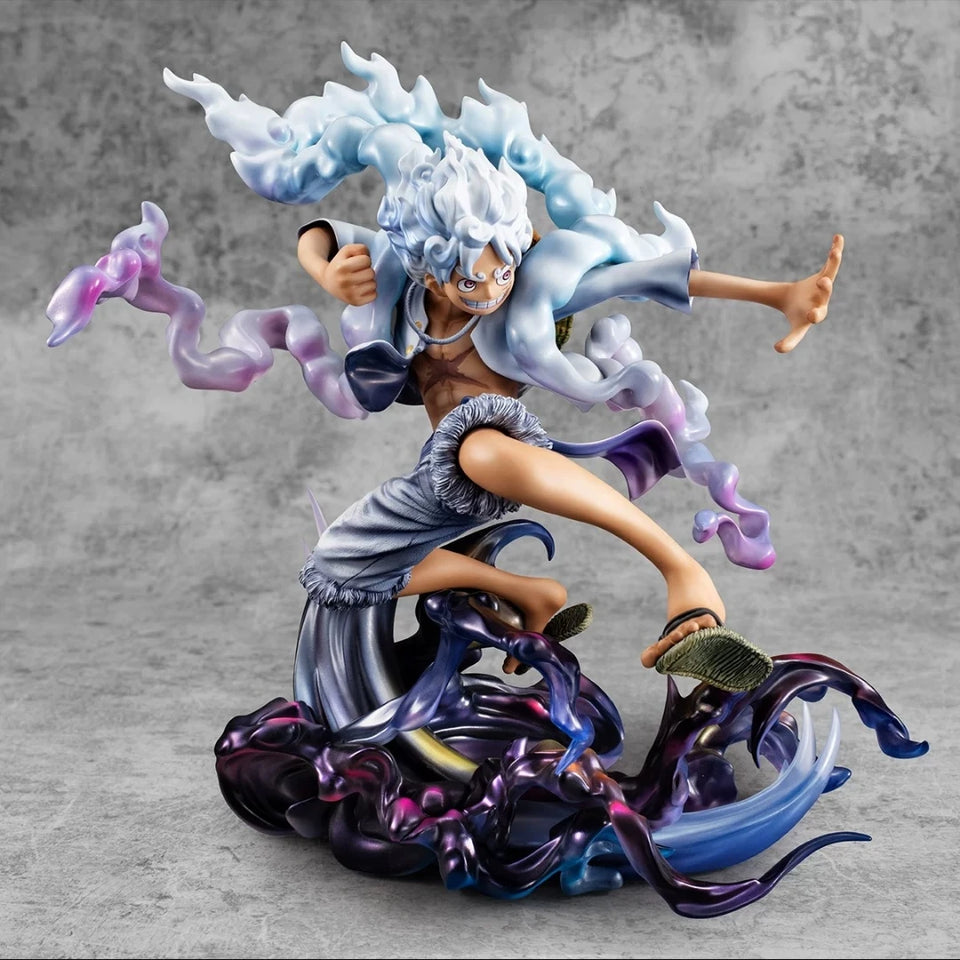 Figurine Luffy Gear 5 en action, avec des détails vibrant et une pose dynamique sur une base artistique