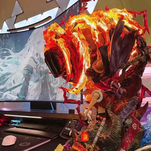 Figurine Luffy Red Rock avec détails éclatants et effets de feu pour les collectionneurs de One Piece