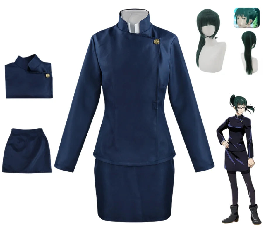 Set cosplay Maki Zenin Jujutsu Kaisen – top, jupe et perruque polyester unisexe