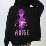 Hoodie manga unisexe noir avec design graphique d'un personnage mystique et le mot ARISE