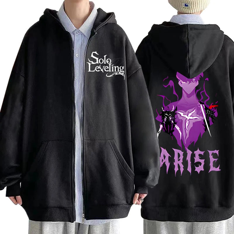Hoodie manga unisexe noir avec impression Solo Leveling et design stylé au dos