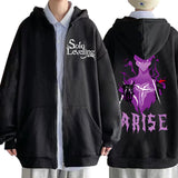Hoodie manga unisexe noir avec impression Solo Leveling et design stylé au dos